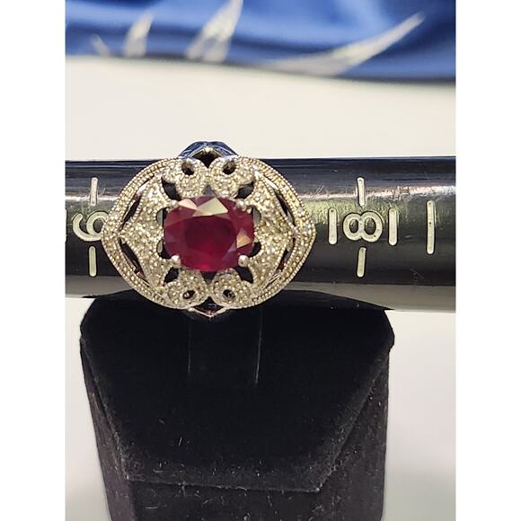 Estate diamond & Ruby Ring 925 Sterling Silver Cluster Ring Siz 7 - Picture 3 of 6